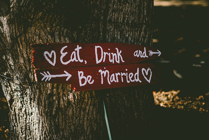 red and white eat, drink, and be married signage near brown tree, HD wallpaper