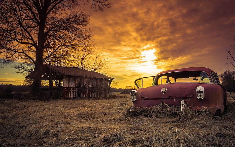 Abandoned car, rustic, rural, dramatic, sunset, sky, clouds, farm, rust, car, HD wallpaper