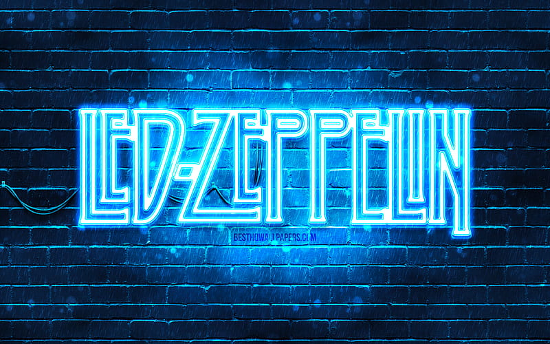 Led Zeppelin blue logo blue brickwall, british rock band, Led Zeppelin logo, music stars, Led Zeppelin neon logo, Led Zeppelin, HD wallpaper