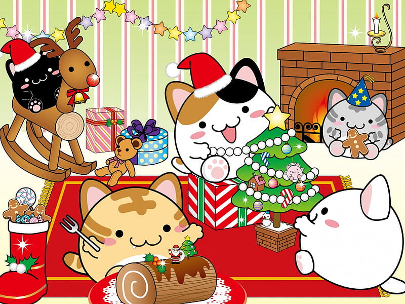 Maruneko Christmas, Christmas, Neko, Yule Log, cat, Nyan, Fire, Kawaii, Rocking Horse, Cute, Chibi, Maruneko, HD wallpaper