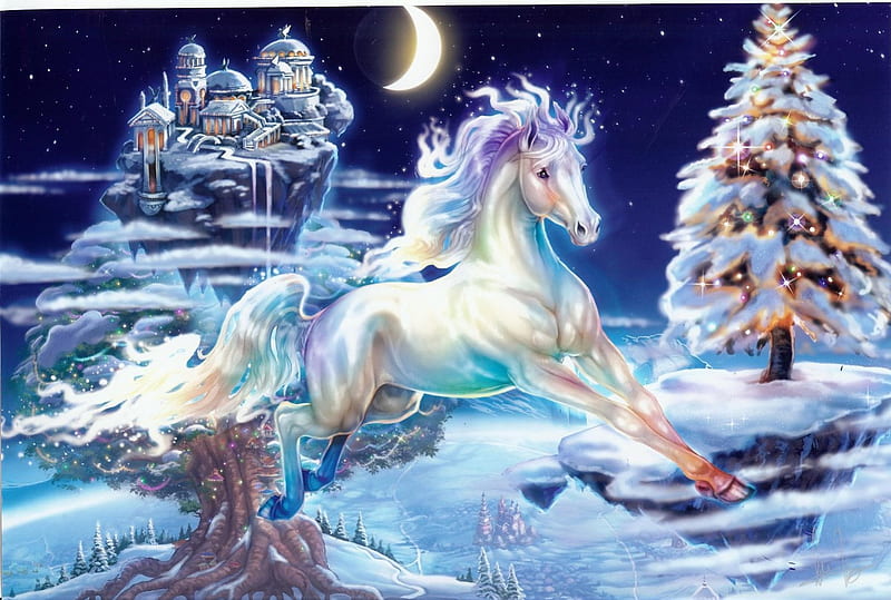 Winter fantasy, christmas, horse, winter, tree, fantasy, moon, snow, fir, white, castle, blue, night, HD wallpaper