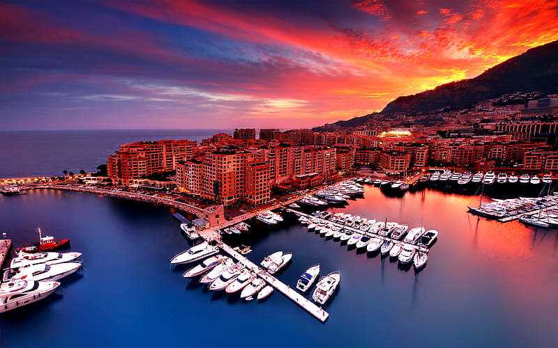 Monte-Carlo, harbor, panorama, sunset, Europe, Monaco, HD wallpaper