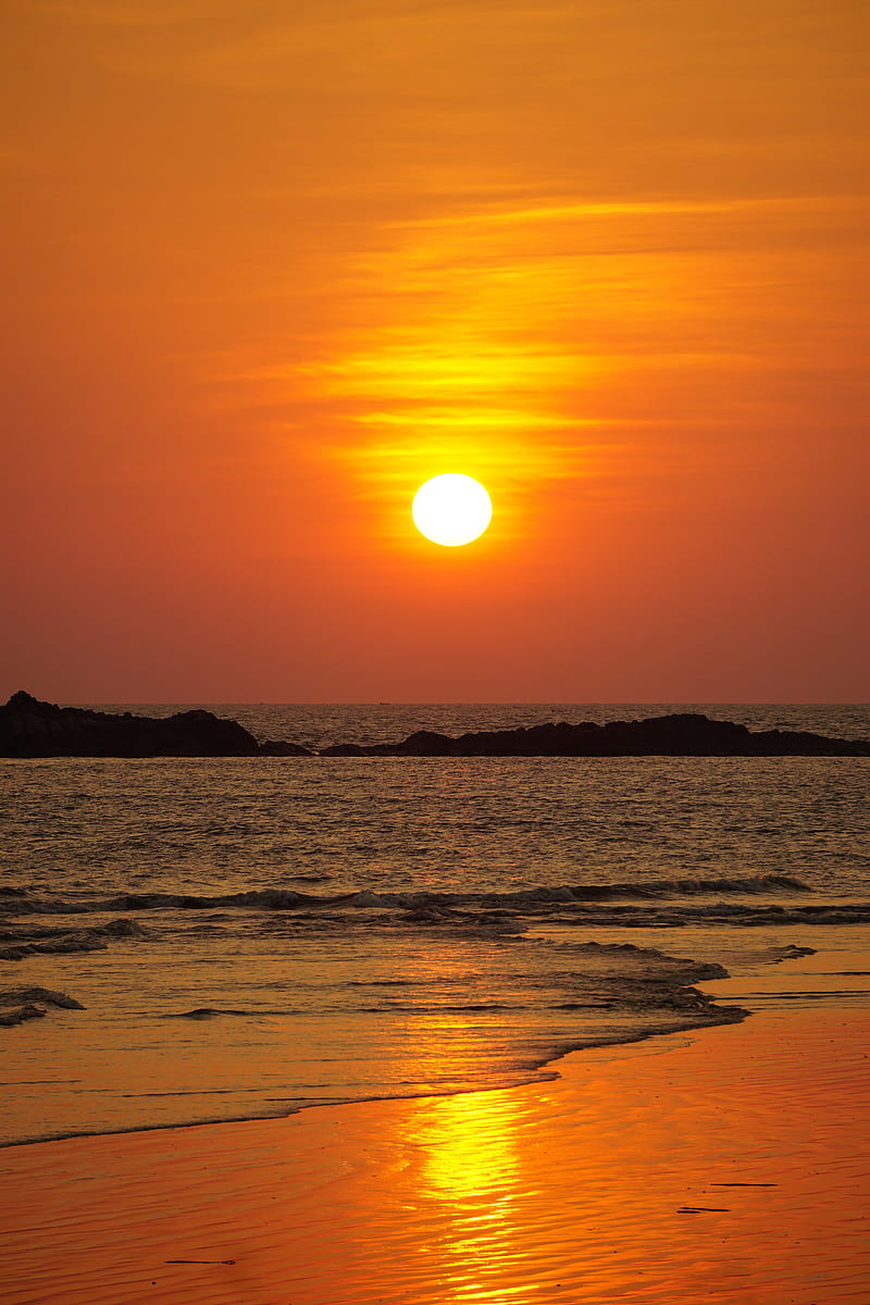 sunset, beach, sea, waves, dusk, HD phone wallpaper