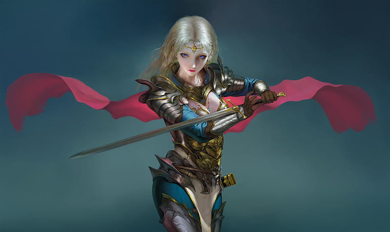 Knight girl, chen sihan, girl, sword, knight, art, frumusete, luminos, armor, fantasy, pink, blue, HD wallpaper