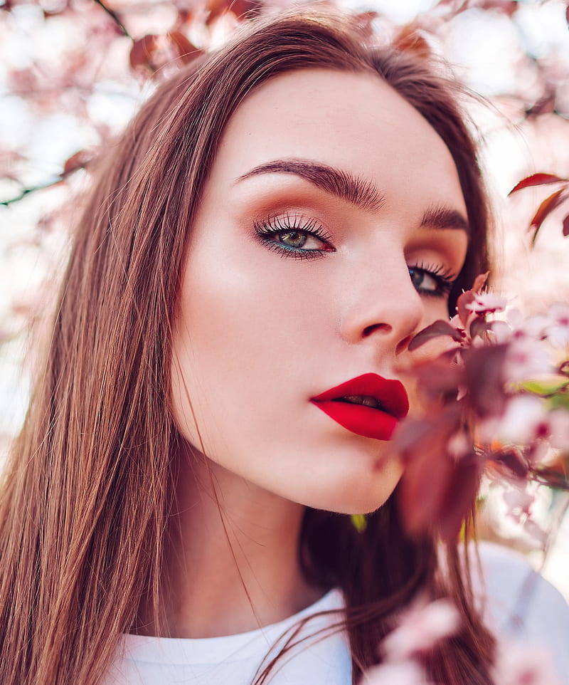 makeup, plants, face, red lipstick, women, model, Maria Puchnina, young woman, closeup, HD phone wallpaper