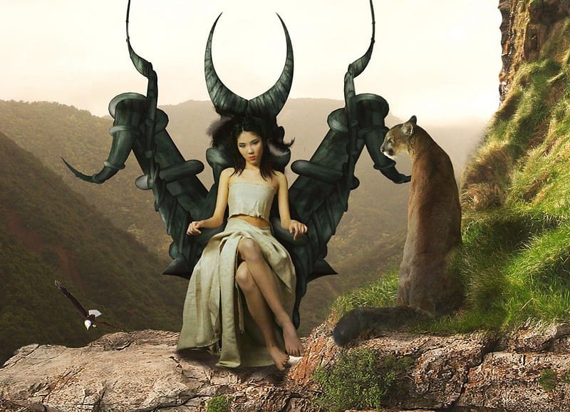 Godess of the Mountains, wildcat, lady, goddess, mountains, HD wallpaper