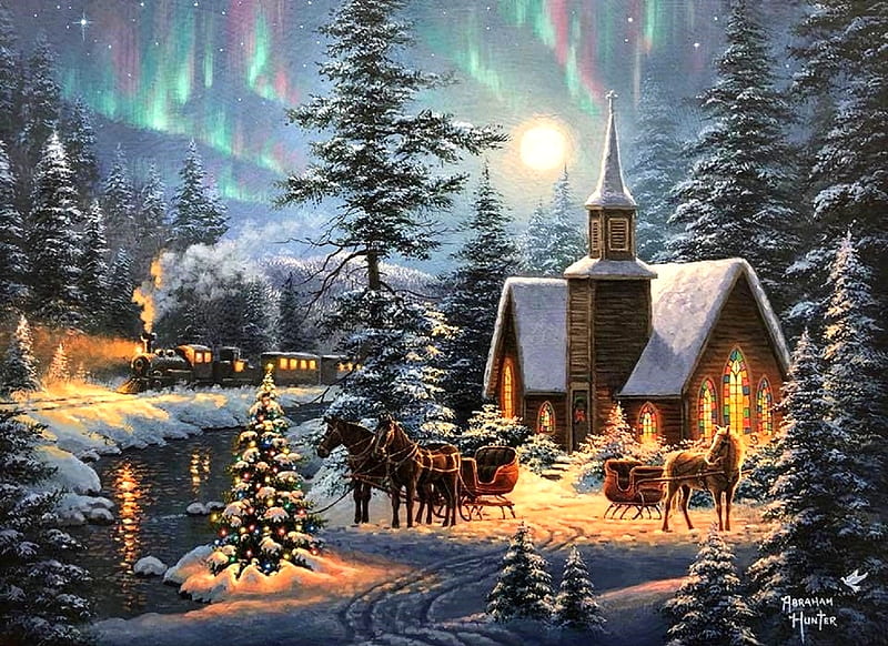 Silent Night in Winter, moons, Christmas, holidays, Christmas Tree, trains, love four seasons, attractions in dreams, sleighs, xmas and new year, horses, winter, paintings, snow, churches, winter holidays, HD wallpaper