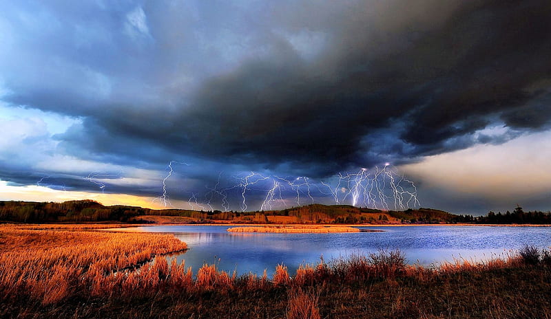 Suburb Lightning, hills, bonito, trees, sky, storm, lake, dry grass, lightning, dark clouds, field, HD wallpaper