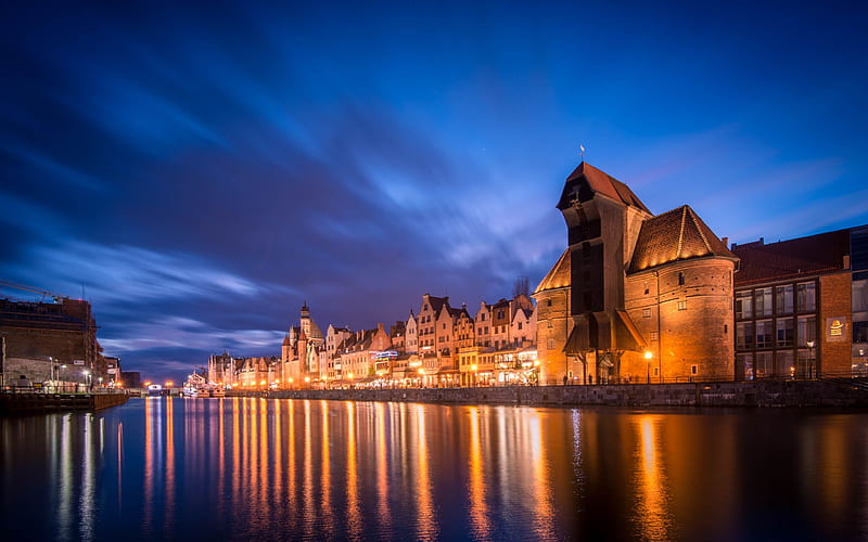 The medieval port, old crane, Gdansk, Poland, landmark, evening, sunset, HD wallpaper