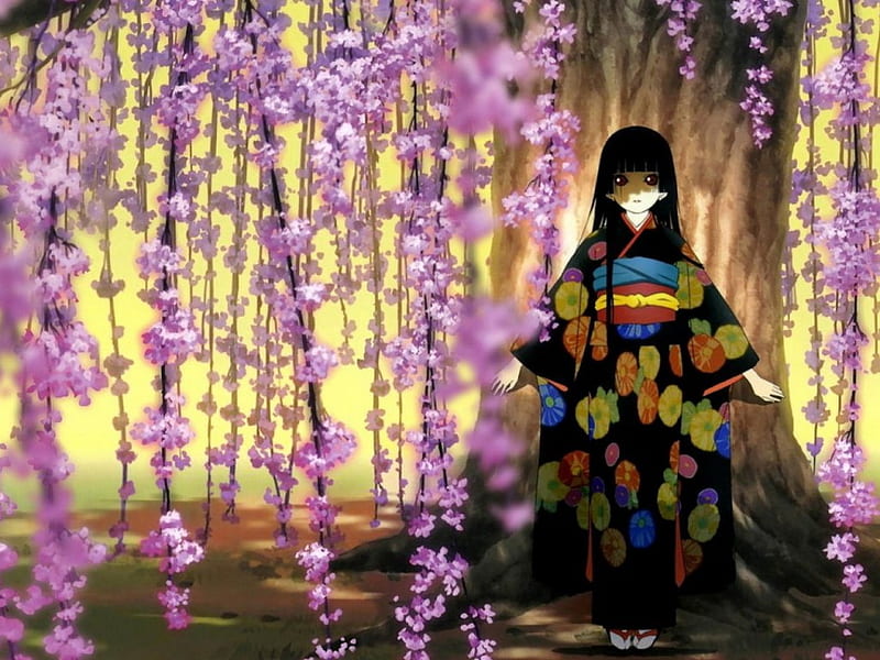 Japanese girl, lovely, big eyes, bonito, kimono, sexy, cherry tree, hair, girl, bright colors, anime, HD wallpaper