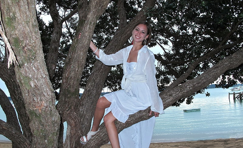 Riley Reid, jetty, white strapless dress, earrings, white waist high top, lakside, posing in tree, bracelet, tie and long sleeves, brunette, sandals, HD wallpaper