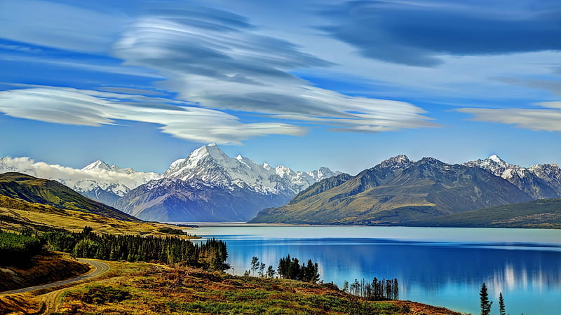 Lake Pukaki, New Zealand, water, mountains, clouds, sky, landscape, HD wallpaper