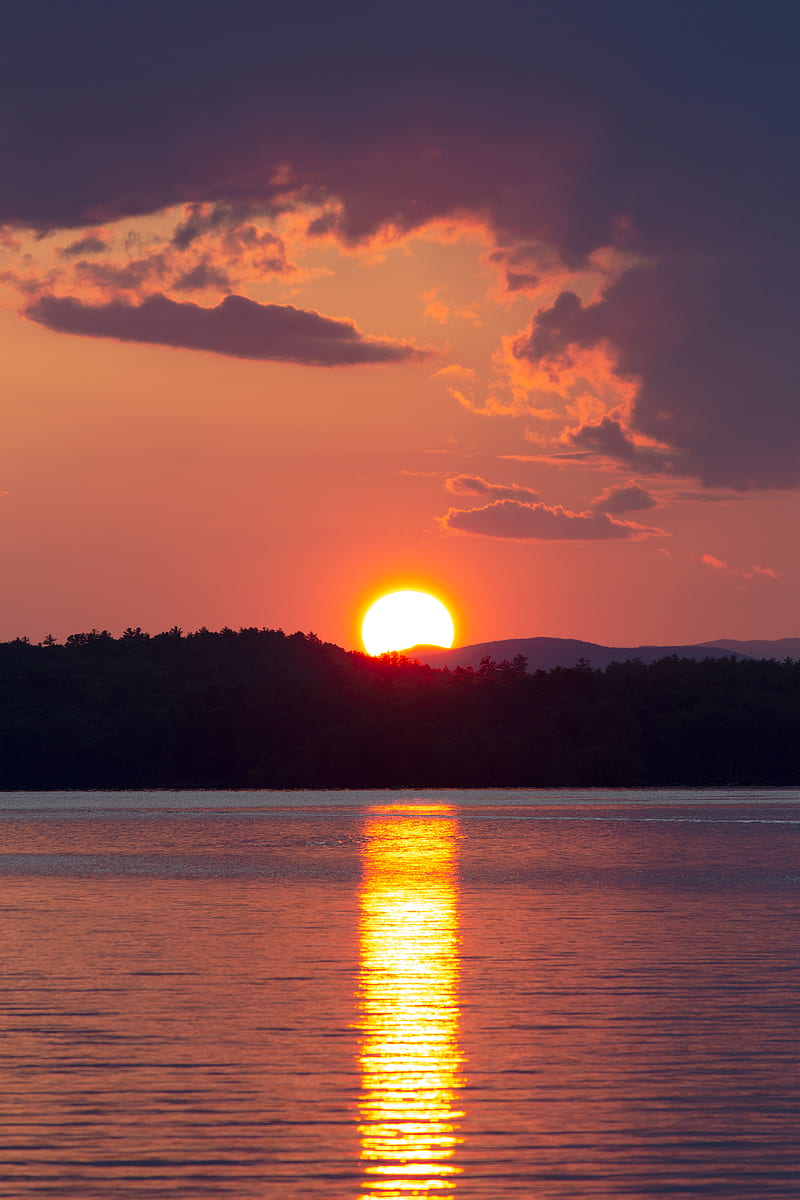 sunset, sun, river, reflection, landscape, HD phone wallpaper