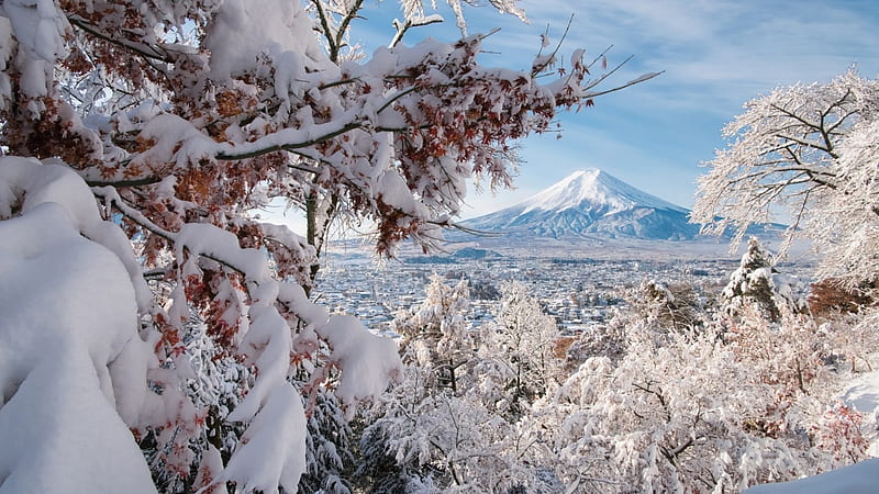 Fujiyoshida in Winter, japanese, winter, mountain, japan, snow, nature, scenery, white, fuji, HD wallpaper