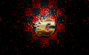 Calgary Flames, golden logo, NHL, red metal background, american