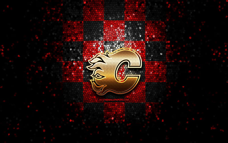 Calgary Flames, glitter logo, NHL, red black checkered background, USA, canadian hockey team, Calgary Flames logo, mosaic art, hockey, Canada, HD wallpaper