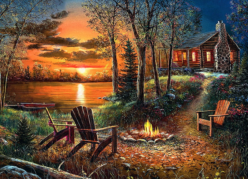 Fireside, sky, lake, sun, campfire, cabin, sunset, trees, clouds, artwork, painting, chairs, evening, HD wallpaper