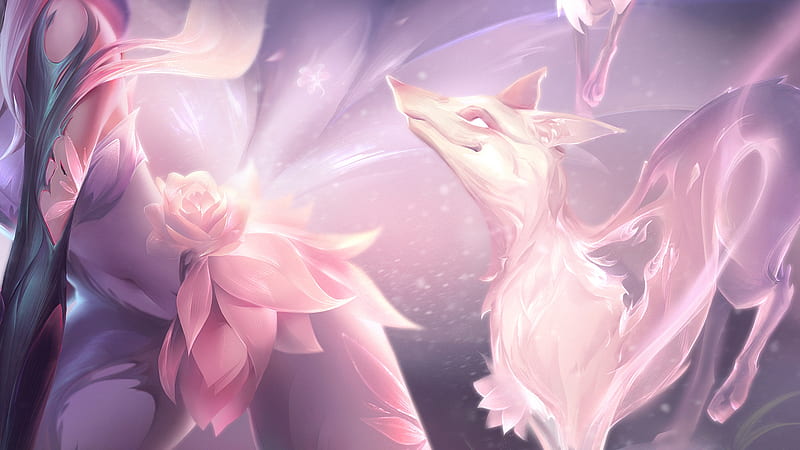 Fox spirit, fantasy, luminos, fox, detail, pink, alsie lau, ahri, HD wallpaper