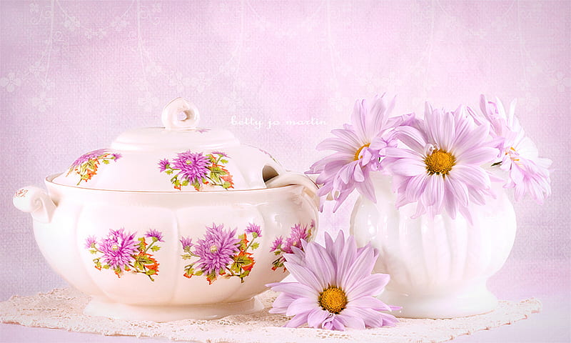 pinkys, still life, soup bowle, flowers, vase, pink, HD wallpaper