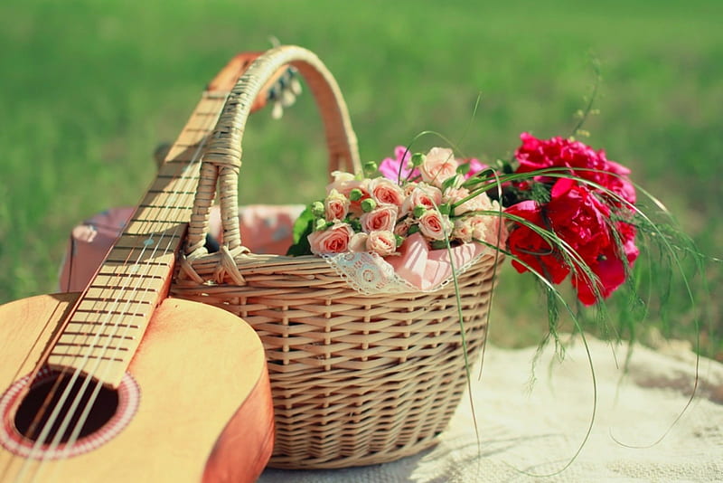 With Love , romantic, romance, rose, bonito, roses, picnic, guitar, bouquet, basket, summer, flowers, HD wallpaper