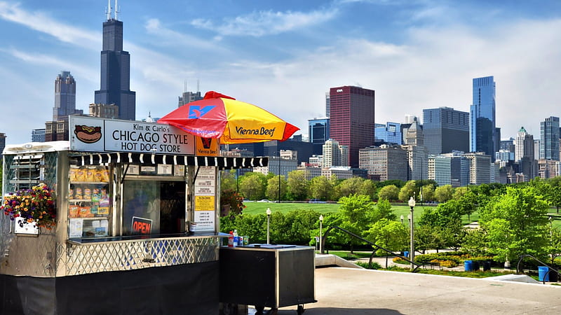 hot dog cart in a chicago park, city, food, cart, summer, park, skyscrapers, HD wallpaper
