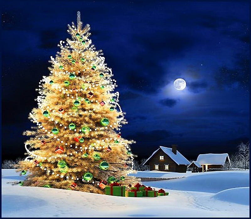 Christmas gold, gold color, christmas tree, house, lights, winter, moon ...