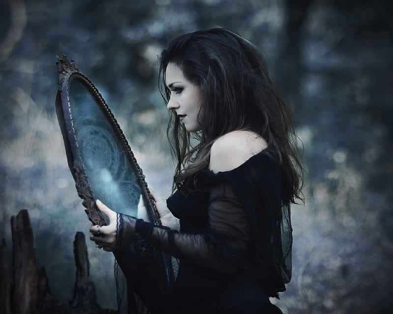 Finding The Magic Mirror, Mirror, Woman, Black Dress, Magic, HD wallpaper