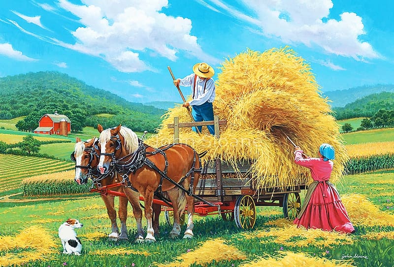 High Noon, straw, barn, horses, wagon, painting, man, fields, woman, HD wallpaper
