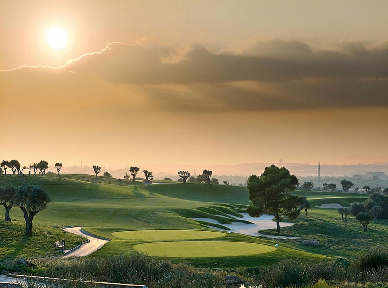 Majorca Golf Course, sun, majorca, grass, trees, sky, clouds, green, golf, courses, HD wallpaper