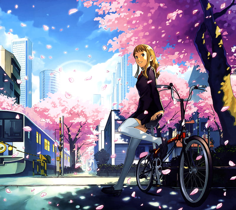 Anime, bike, city, cute, eyes, manga, smile, train, HD wallpaper