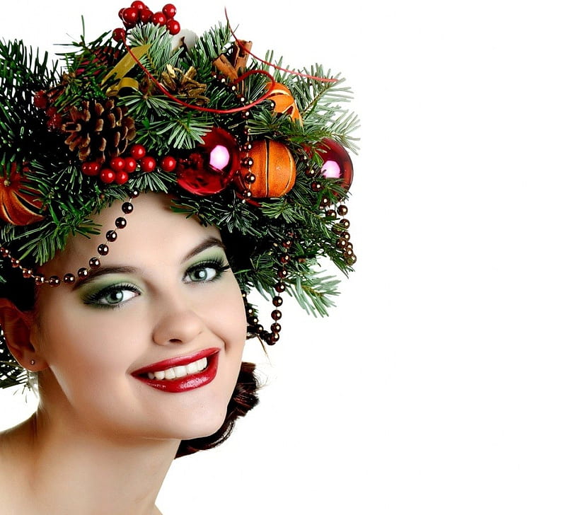 Girl in a christmas fancy headdress, Christmas, Branches, Holidays, Face, Smile, Balls, Makeup, Christmas fancy, headdress, Pine cone, Girl, Christmas balls, HD wallpaper