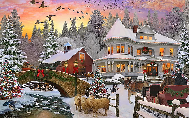 Victorian Christmas, Geese, Christmas, holidays, house, victorian, barn, Sleigh, sheep, snow, HD wallpaper