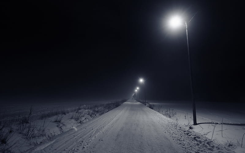 Empty Snowy Road At Night, HD wallpaper