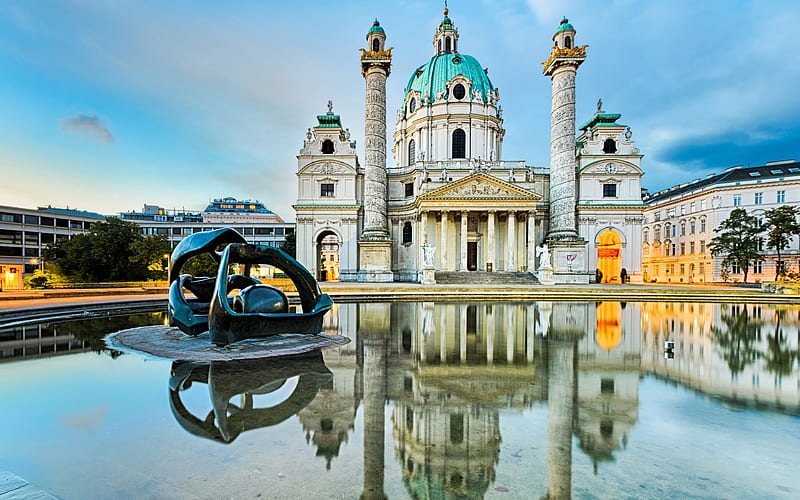 Karlskirche, Catholic Church, fountain, Vienna, Austria, Baroque architecture, HD wallpaper
