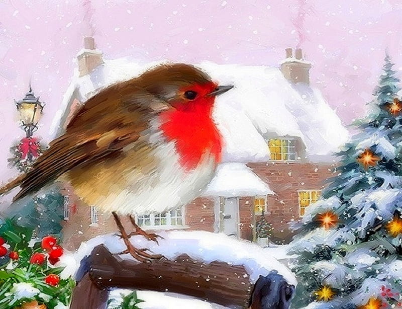 Christmas Robin, Christmas, christmas tree, holidays, robin, love four seasons, attractions in dreams, xmas and new year, winter, paintings, bird, snow, churches, HD wallpaper