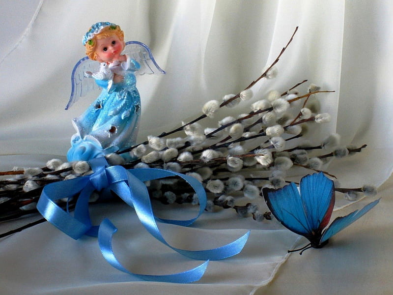 Still life, butterfly, decoration, ribbon, flowers, blossoms, doll, blue, HD wallpaper