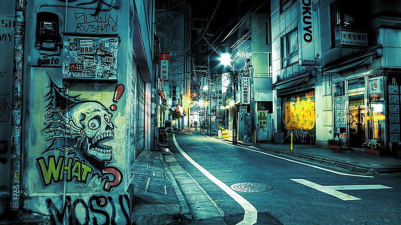 graffiti on a tokyo street at night, city, graffiti, street, lights, night, HD wallpaper