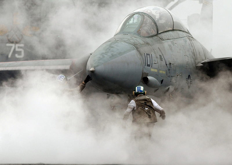 Grumman F-14 Tomcat, take off, f-14, wing, f-14 tomcat, fog and mist, aircraft, plane, military, jet fighter, firepower, navy, HD wallpaper