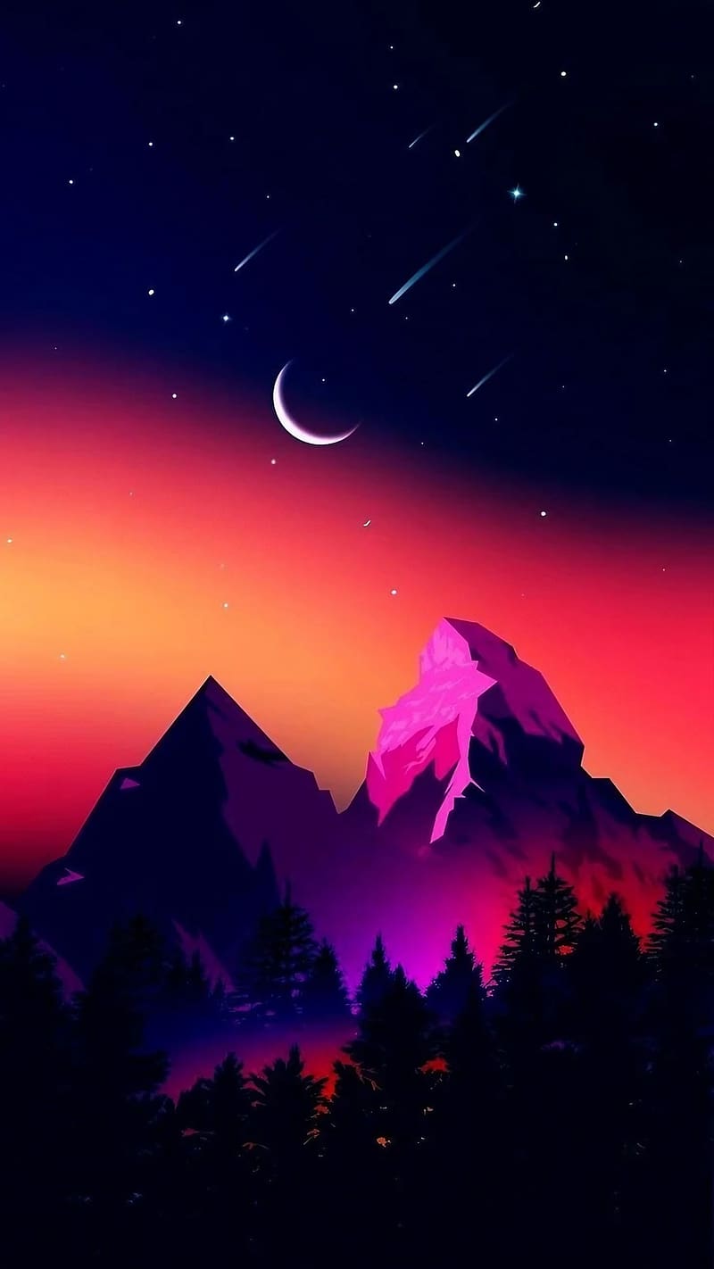 Realme C21y, Pink Mountains, moon, shooting star, HD phone wallpaper ...