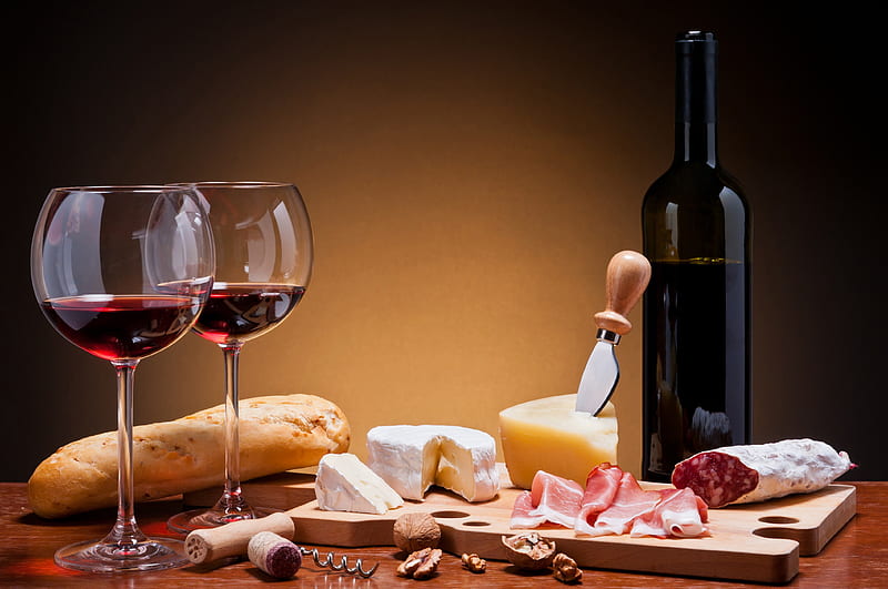 Romantic Evening, valentines, Wine, bread, glasses, Romantic, Food, moment, cheese, wine bottle, love, heart, meat, evening, couple, HD wallpaper