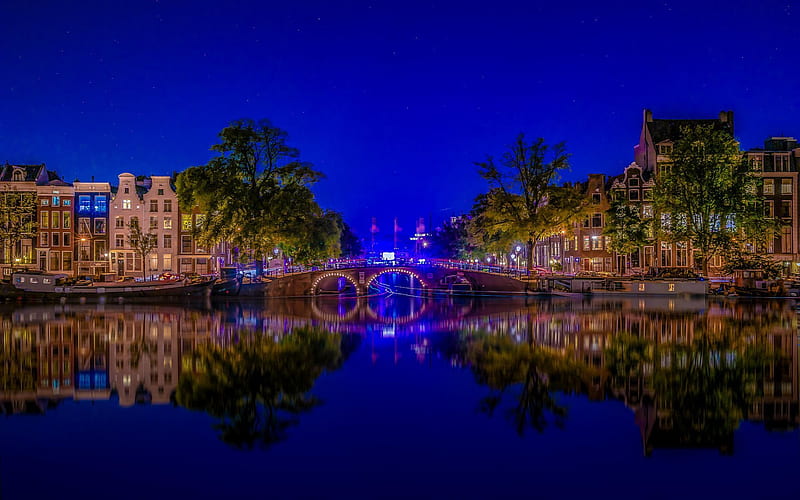 Amsterdam, bridge, night, Holland, Netherlands, HD wallpaper
