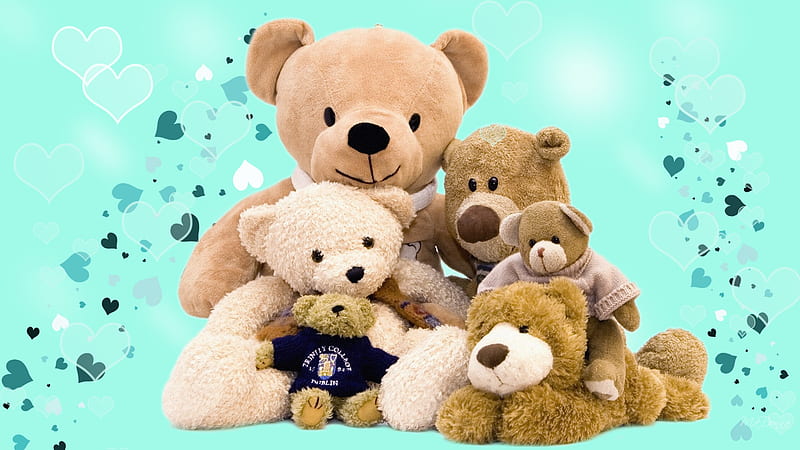 Teddy Bears, children, firefox persona, corazones, plush animals, cute, aqua, toys, kids, HD wallpaper