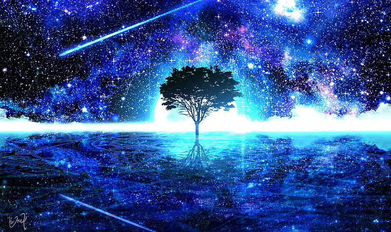 tree, shine, art, stars, bright, HD wallpaper