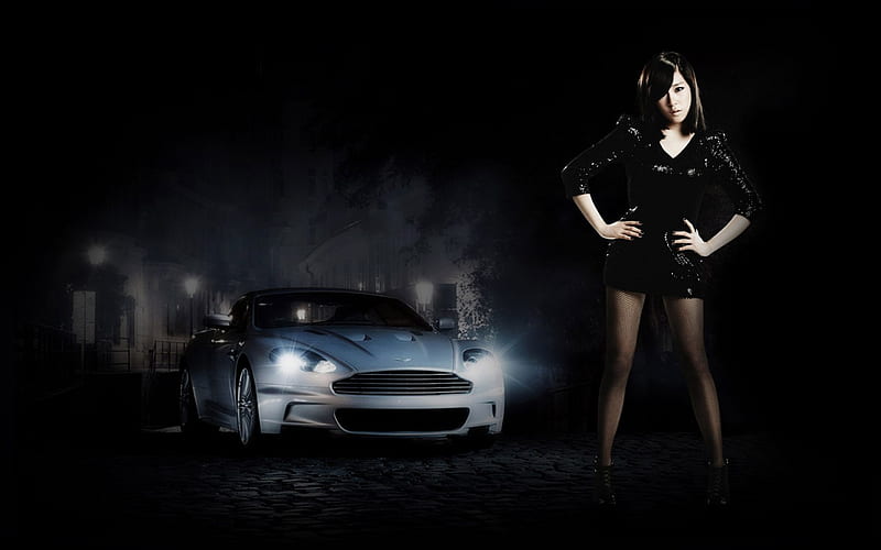 Asian Beauty By A Hot Car (2), pretty, female, dark, car, asian, HD wallpaper