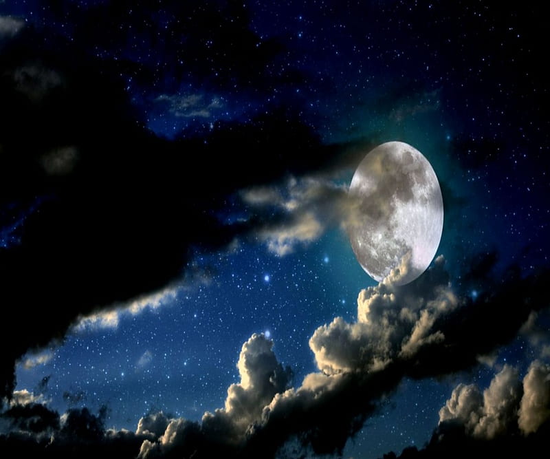 Full Moon and Clouds, blue, cloud, dark, moons, nature, night, planets ...