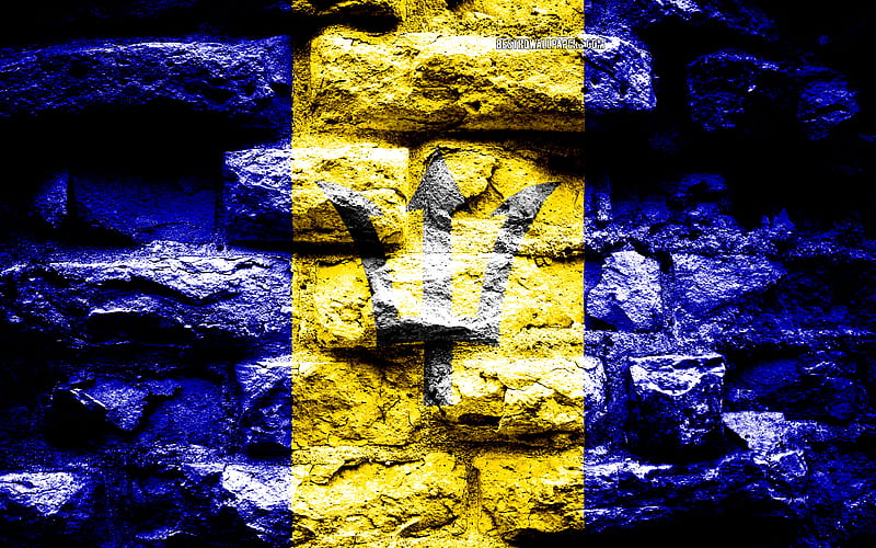 Barbados flag, grunge brick texture, Flag of Barbados, flag on brick wall, Barbados, Europe, flags of North countries, HD wallpaper