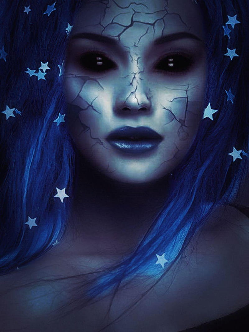 blue stars, evil, face, girl, pretty, woman, HD phone wallpaper