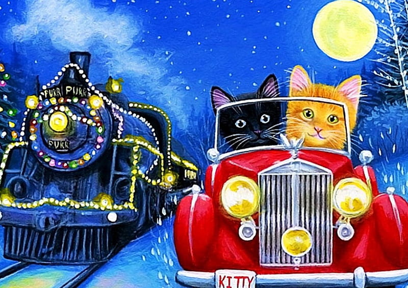 Christmas Traffic, locomotive, artwork, winter, moon, snow, car, painting, cats, night, HD wallpaper