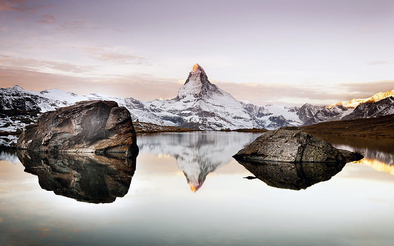 Matterhorn, mountains, lake, sunset, Alps, Switzerland, Europe, HD wallpaper