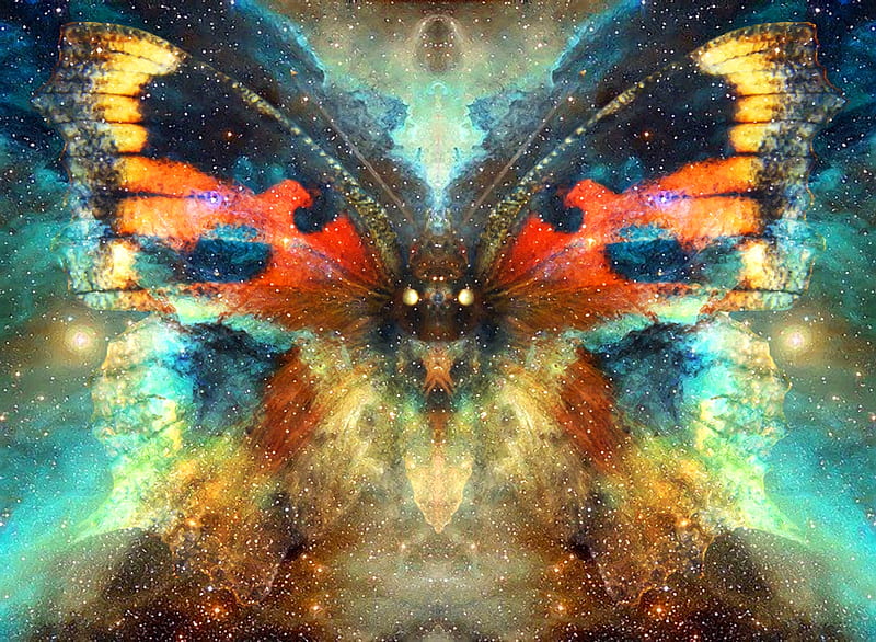 Butterfly effect, red, stars, wings, luminos, yellow, effect, sky, cristina samsa, fantasy, butterfly, fluture, blue, HD wallpaper
